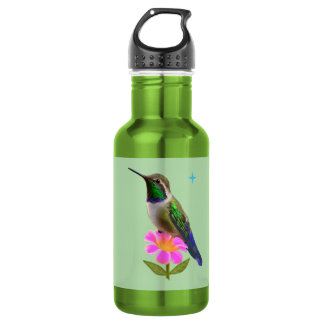 Moderner Kolibri mit Blüte auf hellgrünem Salbei Edelstahlflasche