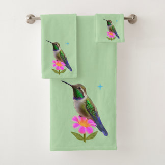 Moderner Kolibri und Blume auf hellgrünem Salbei Badhandtuch Set