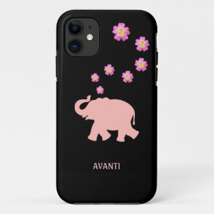 Moderner Korallefant und rosa Blumen auf Schwarz Case-Mate iPhone Hülle