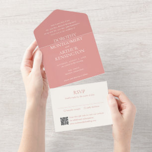 Moderner Korallenrosa QR-Code Elegante Hochzeit All In One Einladung