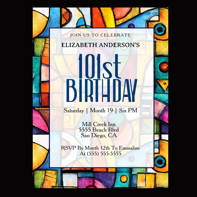 Moderner kubistischer 101. Geburtstag Einladung (Modern colorful abstract 101st birthday invitation for elegant milestone celebration
)