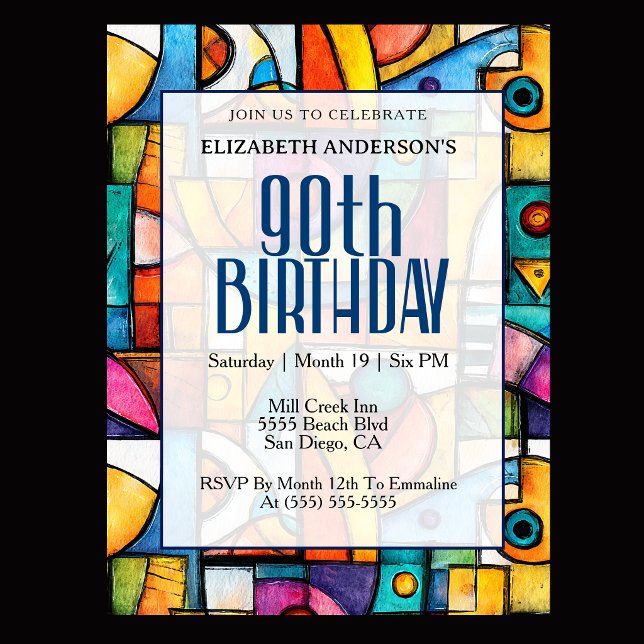 Moderner Kubistischer 90. Geburtstag Einladung (Modern colorful abstract 90th birthday invitation for elegant milestone celebration
)