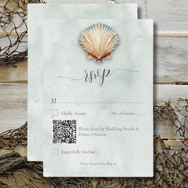 Moderner Küstenmeer - Aqua Wedding QR Code RSVP Karte (Modern Coastal Seashell Aqua Wedding QR Code RSVP Card)