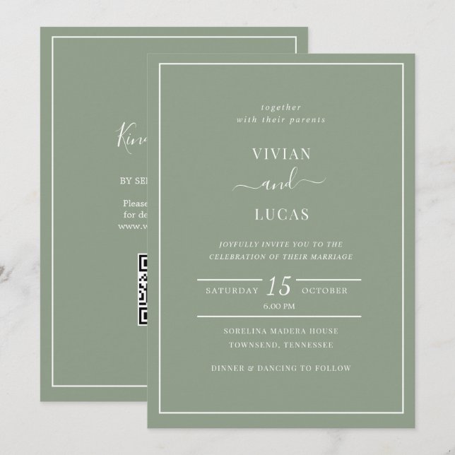 Moderner länglicher QR-Code Minimal Hochzeit Einladung (Vorne/Hinten)