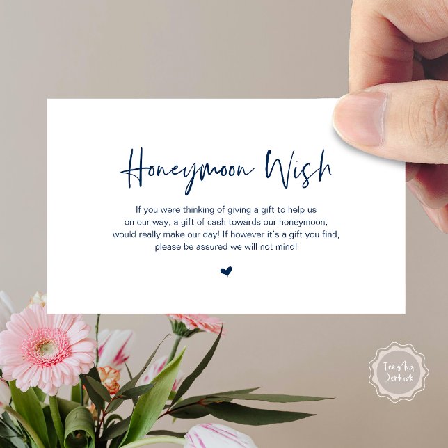 Moderner, lässiger Schriftart der Marine, Honeymoo Begleitkarte (Honeymoon Wish Enclosure Card, Cash, Fund, Modern casual elegance script, in Navy Blue)