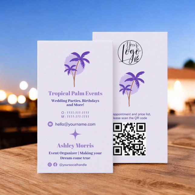 Moderner Lavendel-Eventplaner Foto qr-Logo Visitenkarte (Modern lavender event planner photo qr code logo business card)