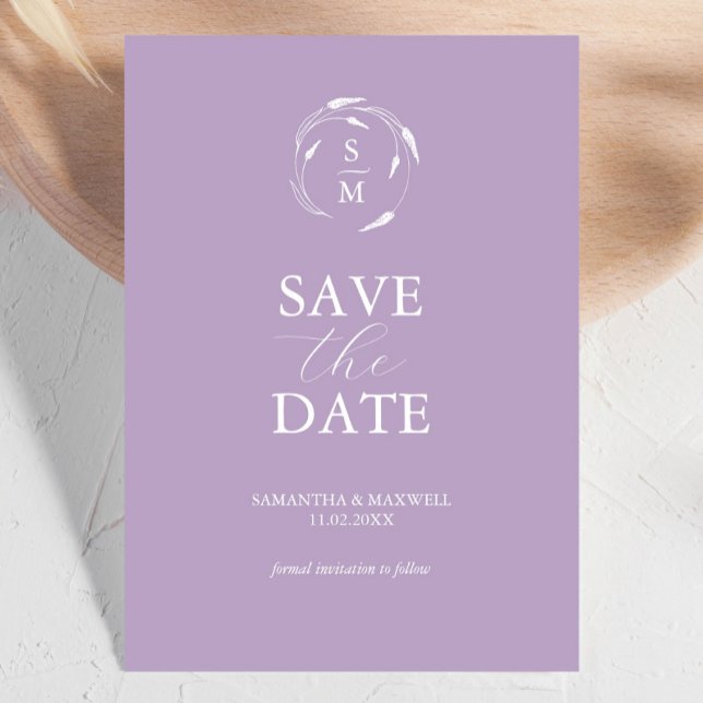 Moderner Lavendel Save the Date (Lavender wedding invitations monogrammed save the date unique line art by Victoria Grigaliunas)