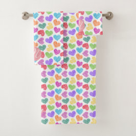 Moderner, lebendiger Regenbogen Doodle Hearts Mit Badhandtuch Set