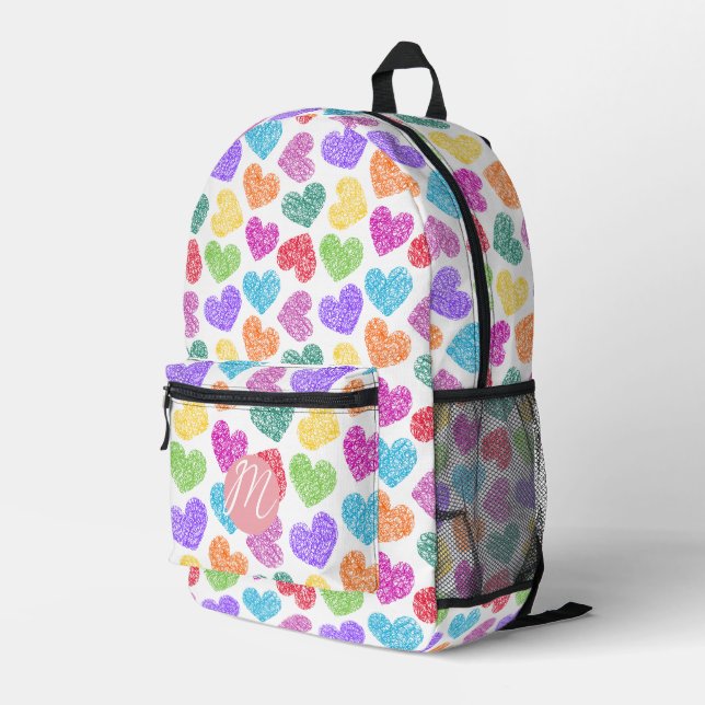Moderner, lebendiger Regenbogen Doodle Hearts Mit  Bedruckter Rucksack (Rückseitige Ecke Rechts)
