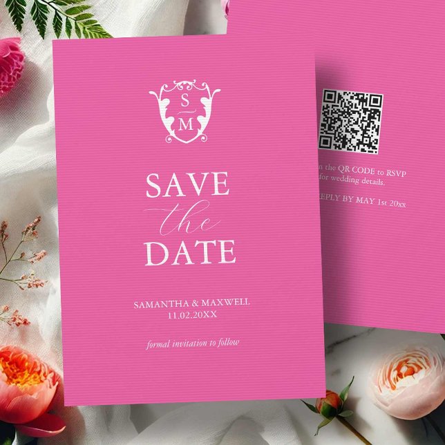Moderner, lebhafter Rosa Minimal Save the Date (bold fuchsia pink custom monogram wedding save the date with QR code)
