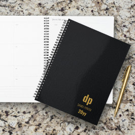 Moderner Leder-Look Schwarz und Gold Mit Monogramm Planer