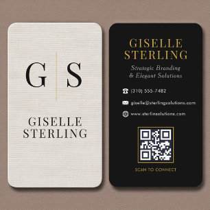 Moderner Leinen-Gold-Monogramm-QR-Code Visitenkarte