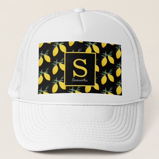 Moderner Lemon Citrus Monogram Name Trucker Hat Truckerkappe (Vorderseite)