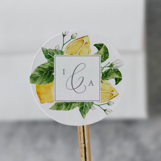Moderner Lemon Garden Monogram Wedding Umschlag Au Runder Aufkleber (Von Creator hochgeladen)
