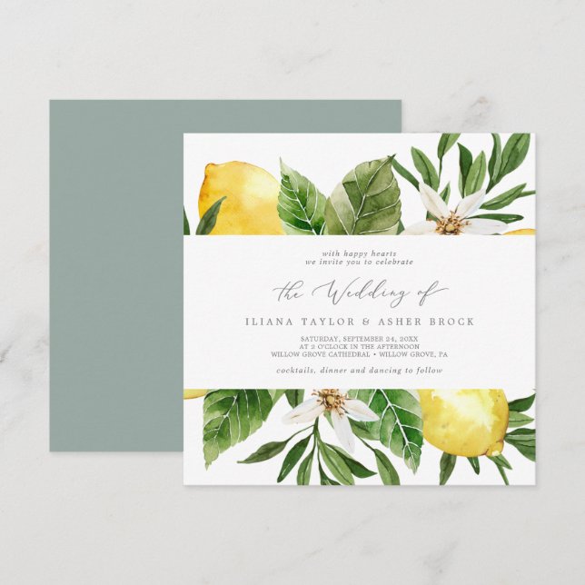 Moderner Lemon Garden Square Einladung zur Hochzei (Vorne/Hinten)