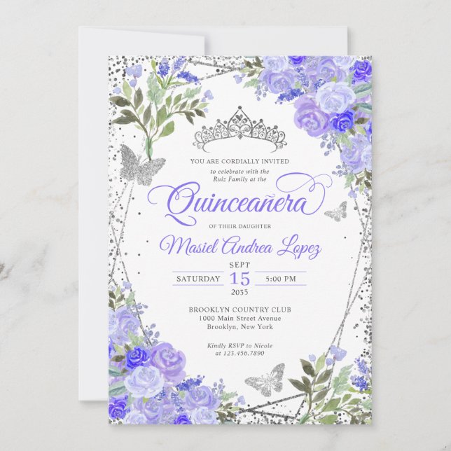 Moderner Lila Blumenglam Silver Tiara Quinceañera Einladung (Vorderseite)