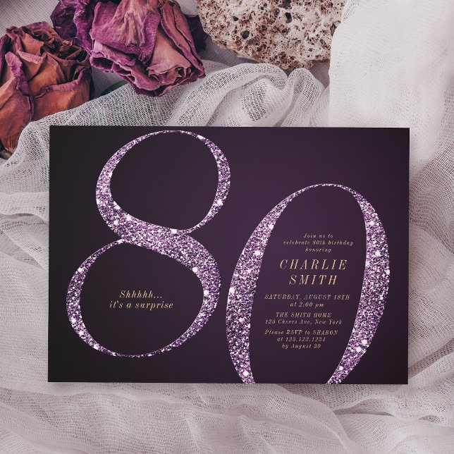 Moderner lila Glitzer, 80. Geburtstag Einladung (Modern minimalist purple glitter 80th birthday invitation)