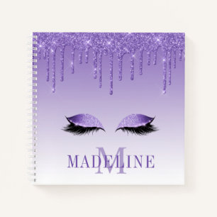 Moderner Lila Glitzer Lashes Monogram Notizbuch