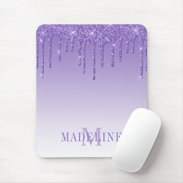 Moderner Lila Glitzer Tropfen Monogram Mousepad (Mit Mouse)