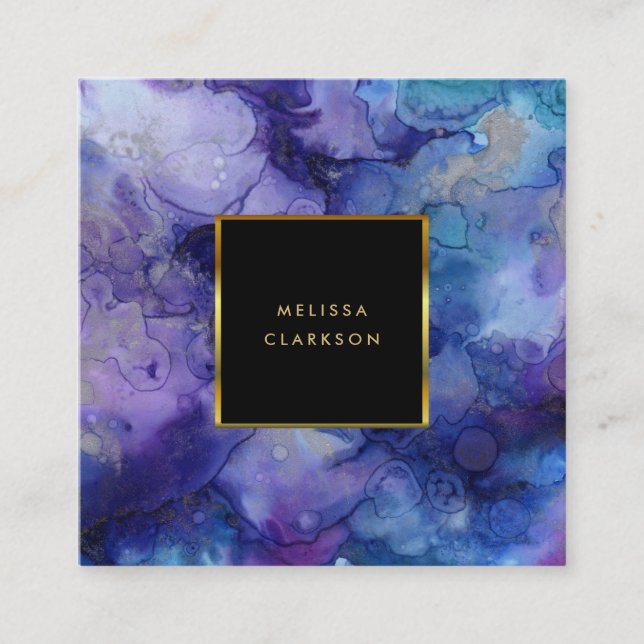 Moderner lila Spritzer-Goldrahmen in Aquarelle Quadratische Visitenkarte (Vorderseite)