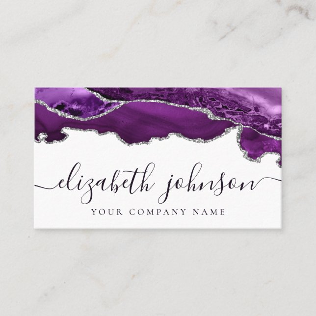 Moderner Lila Violet Silver Glitzer Agate Marble Visitenkarte (Vorderseite)