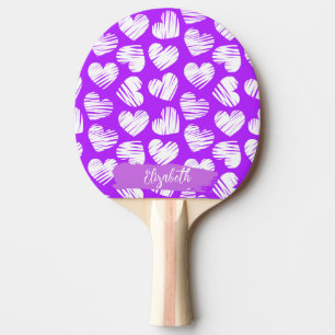 Moderner Lila weißer Doodled Herzname Valentine Tischtennis Schläger