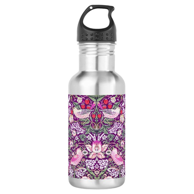 Moderner Lila William Morris Strawberry Thief  Edelstahlflasche (Vorderseite)