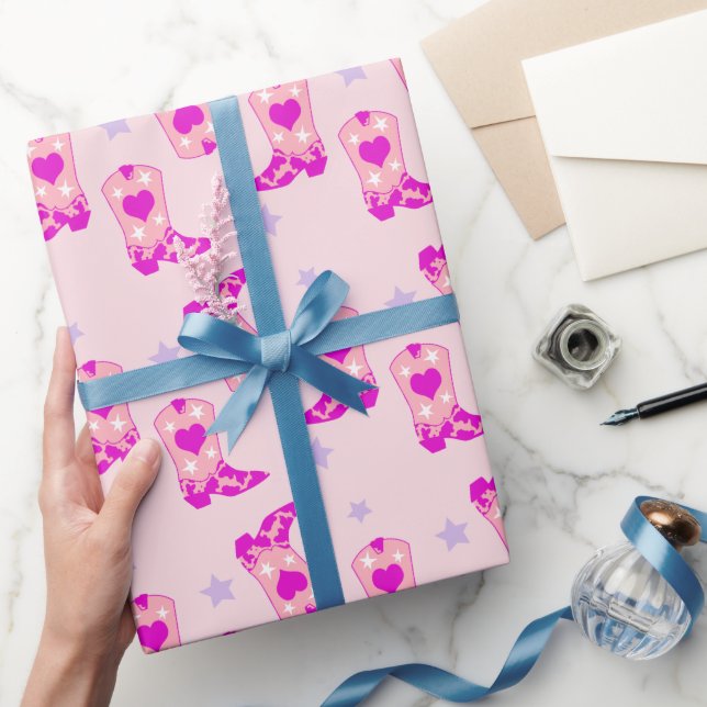 Moderner Lilac Pink Cowgirl Western Boots Stars Geschenkpapier (Schenken)