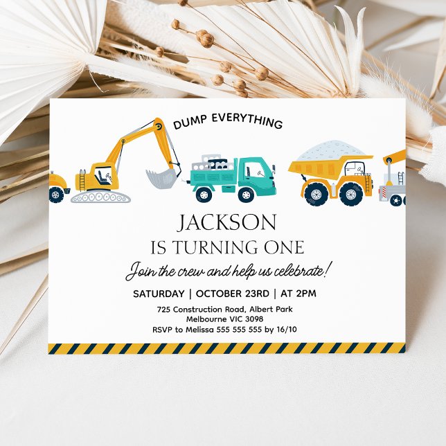 Moderner LKW-Bau 1. Geburtstag Einladung (Modern Construction 1st Birthday Invitation, Dump Everything Construction Birthday Invite, Truck)
