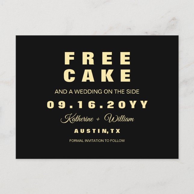 Moderner lustiger freier Kuchen, der Save the Date Ankündigungspostkarte (Vorderseite)