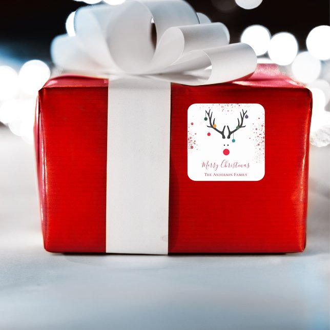 Moderner, lustiger Weihnachtsrentierroter Glitzer Quadratischer Aufkleber (Von Creator hochgeladen)