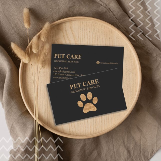 Moderner Luxus Golden Paw Pet Grooming Service Visitenkarte (black golden pet grooming service card)