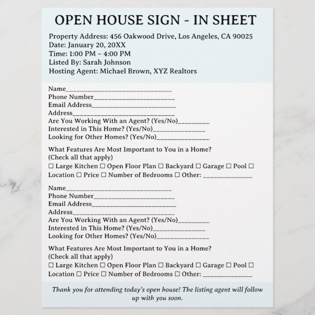 Moderner Makler Open House Anmeldeblatt Flyer (Vorne)