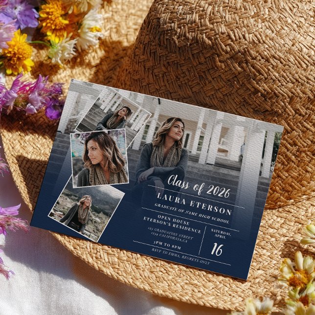 Moderner marineblauer Abschluss mit minimalistisch Einladung (Modern navy blue minimalist photo graduation invitation)