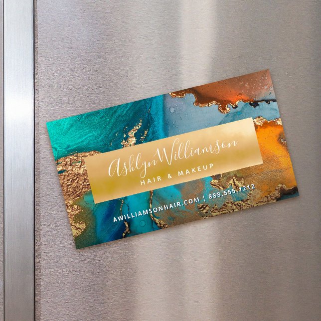 Moderner Marmor Aquarell Goldtürkisfarbener Friseu Magnetische Visitenkarte (Von Creator hochgeladen)