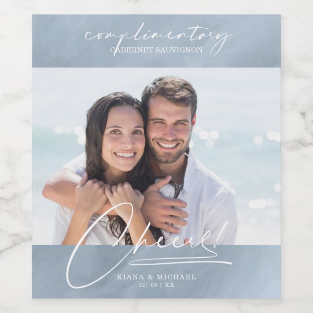 Moderner Marmor Cheers Foto Dusty Blue ID816 Weinetikett (Einzelnes Label)