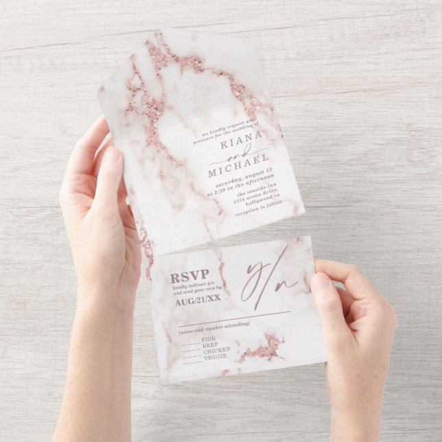 Moderner Marmor Glitzer Hochzeit Rose Gold ID816 All In One Einladung (Abreißen)