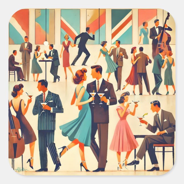 Moderner Martinis im Club Mitte des Jahrhunderts Quadratischer Aufkleber (Vorderseite)