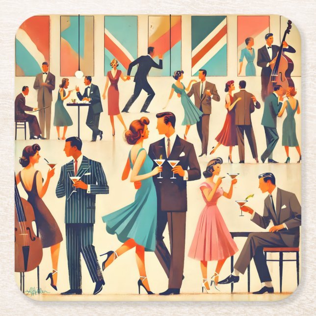 Moderner Martinis im Club Mitte des Jahrhunderts Rechteckiger Pappuntersetzer (Vorderseite)