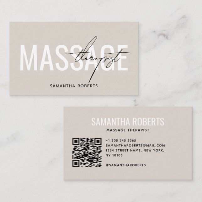 Moderner Masseur QR Code beige Visitenkarte (Vorne/Hinten)