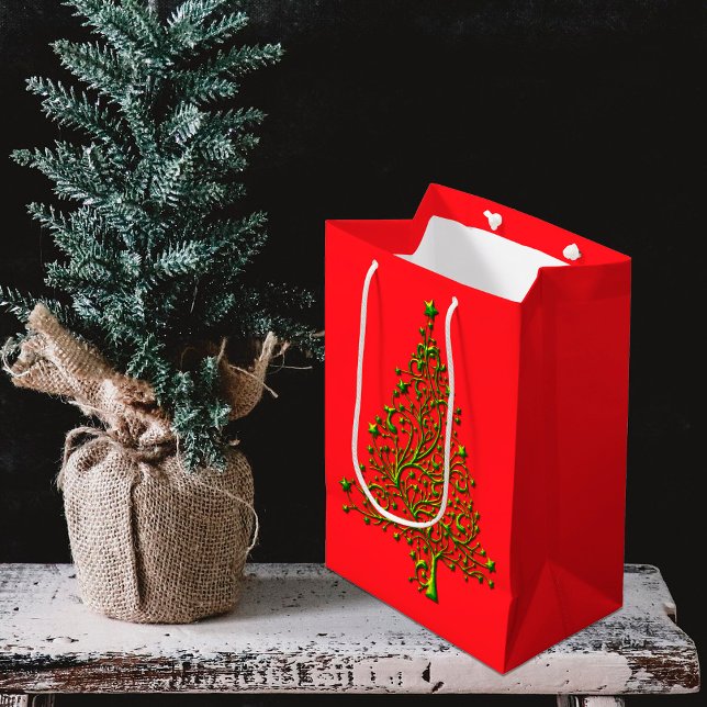Moderner Metallischer Grüner Weihnachtsbaum Roter  Mittlere Geschenktüte (Modern Metallic Green Christmas Tree Red Holiday Gift Bag)
