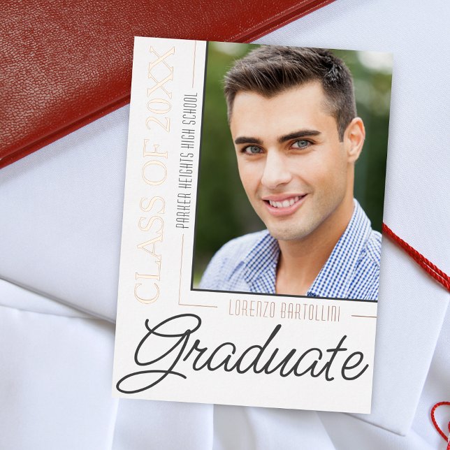 Moderner Minimal 1 Foto Rose Gold Abschluss Folieneinladung (Mondern Elegant Minimal Rose Gold Foil Graduation Announcement Invitation)