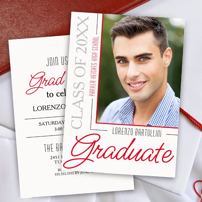 Moderner Minimal 1 Foto Roter und Weißer Abschluss Einladung (Modern Crimson Red Grad Party Graduation Announcement Invitation with One Photo)