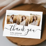 Moderner Minimal 4 Foto Collage Script Abschluss Dankeskarte<br><div class="desc">Mit diesem Modern Minimal Elegant 4 Foto Collage Script Abschluss Dankeschön an Ihre Lieben. Mit einem einzigartigen Kalligraphieskript und einem schlichten minimalistischen Design ist diese Karte der ideale Begleiter, um Ihre Wertschätzung nach Ihrem Abschluss auszudrücken. Die doppelseitige Karte mit vier Foto-Collagen ist in modernem Schwarz/Weiß gedruckt. Ideal für Absolventen der...</div>