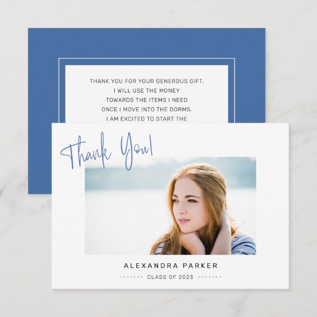 Moderner Minimal Blue Handwriting-Abschluss Dankeskarte (Vorne/Hinten)