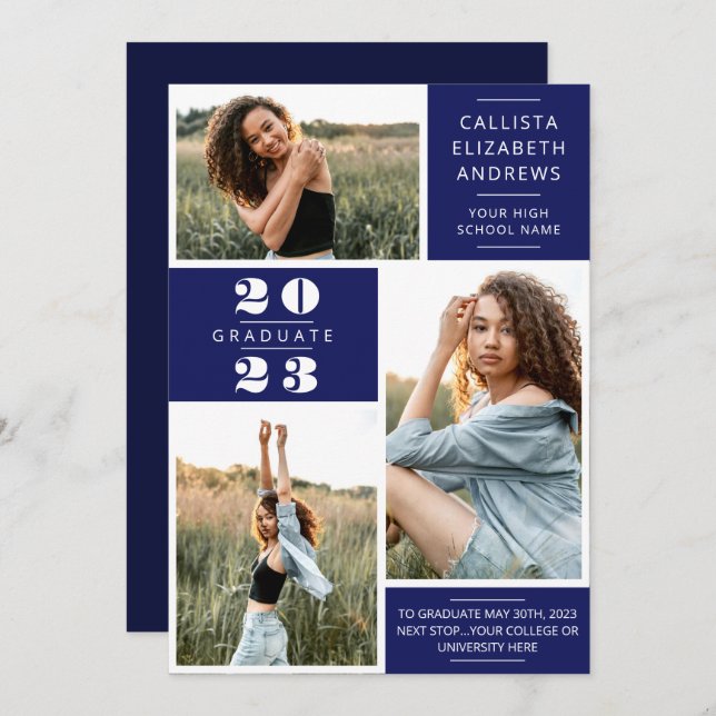 Moderner Minimal Blue White Foto Grid Abschluss Ankündigung (Vorne/Hinten)