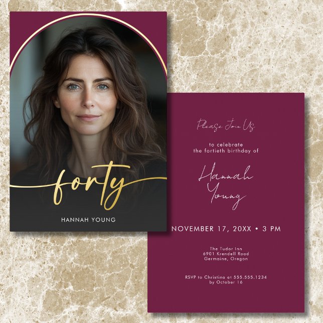 Moderner Minimal Burgundy Arch Fortieth Birthday Folieneinladung (Modern Minimal Burgundy Arch Fortieth Birthday Foil Invitation)