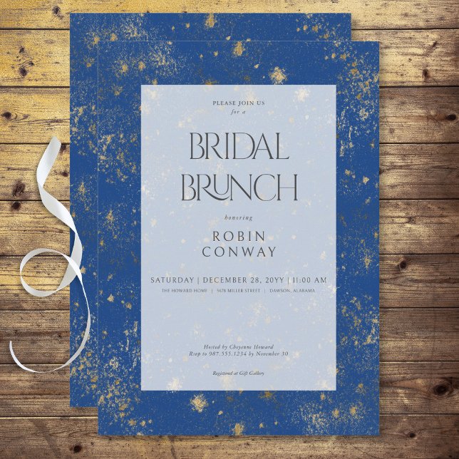 Moderner Minimal Marseille Blue & Gold Bridal Brun Einladung (Modern Minimal Marseille Blue & Gold Bridal Brunch Invitation)