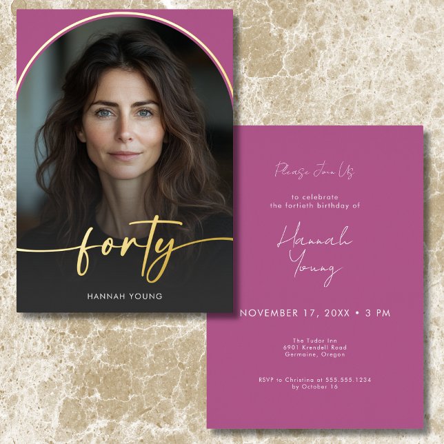 Moderner Minimal Rosa Arch Fortieth Birthday Folieneinladung (Modern Minimal Pink Arch Fortieth Birthday Foil Invitation)