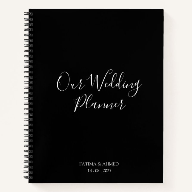 Moderner Minimal Script Black Muslim Wedding Plann Notizbuch (Vorderseite)